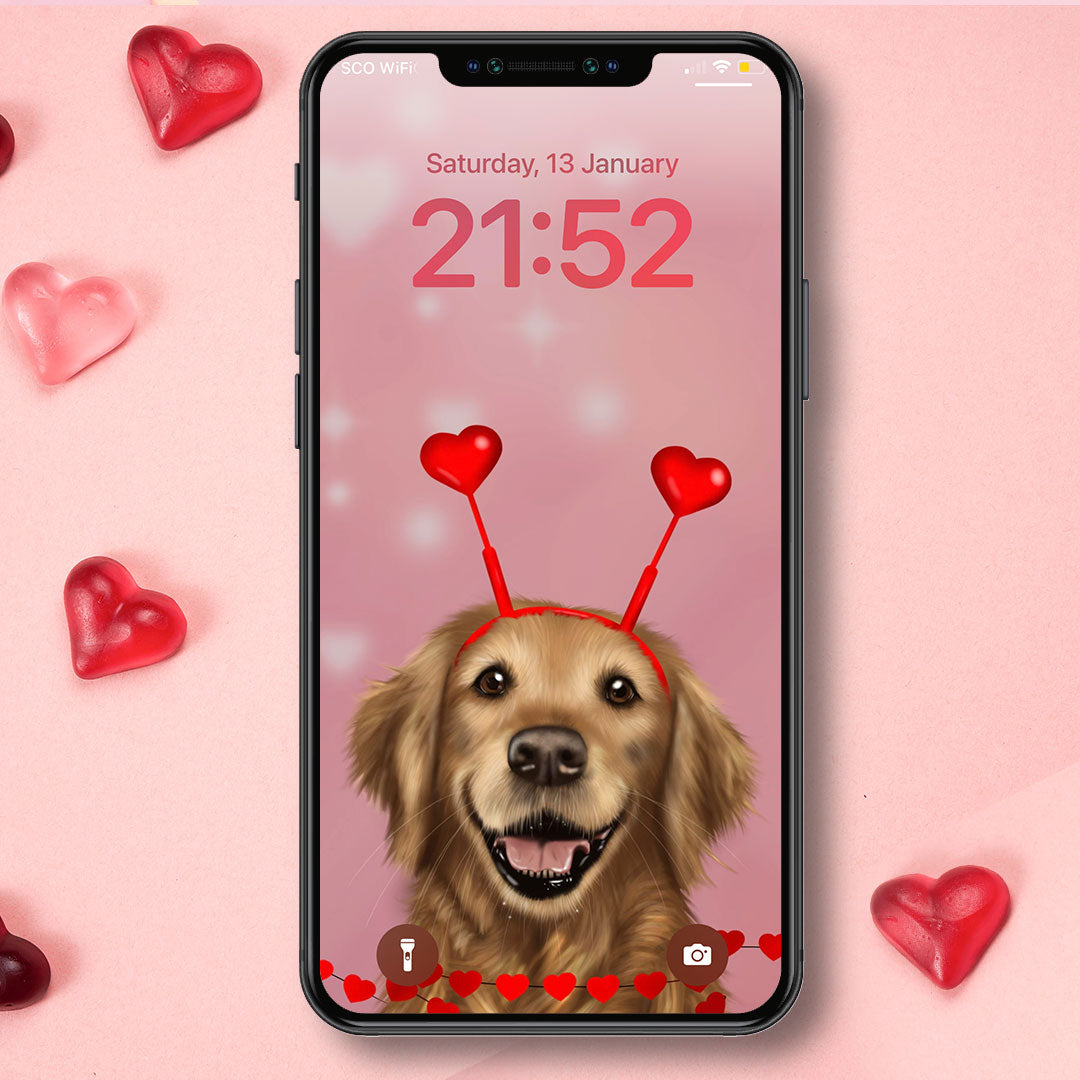 Golden Retriever and Hearts Phone Wallpaper