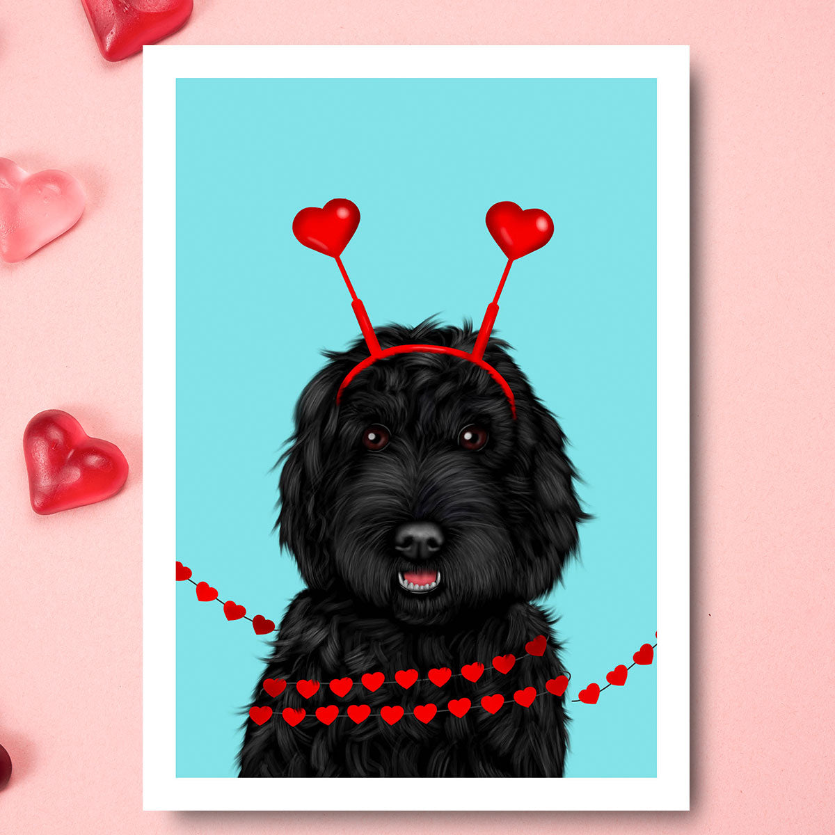 Black Cockapoo and Hearts Card