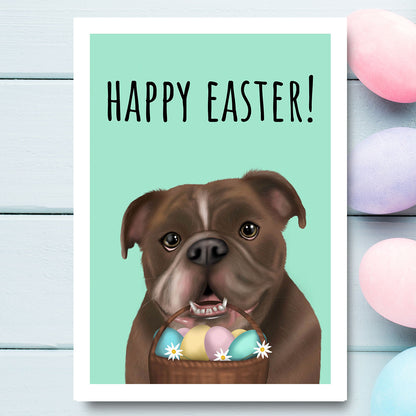 Chocolate and White Bulldog Happy Easter Card