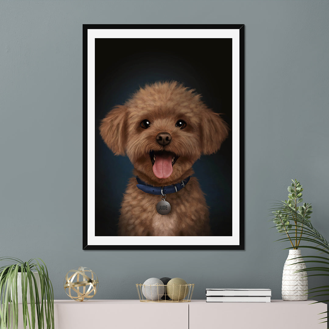Framed portrait of a cockapoo with a blue collar on a grey wall.