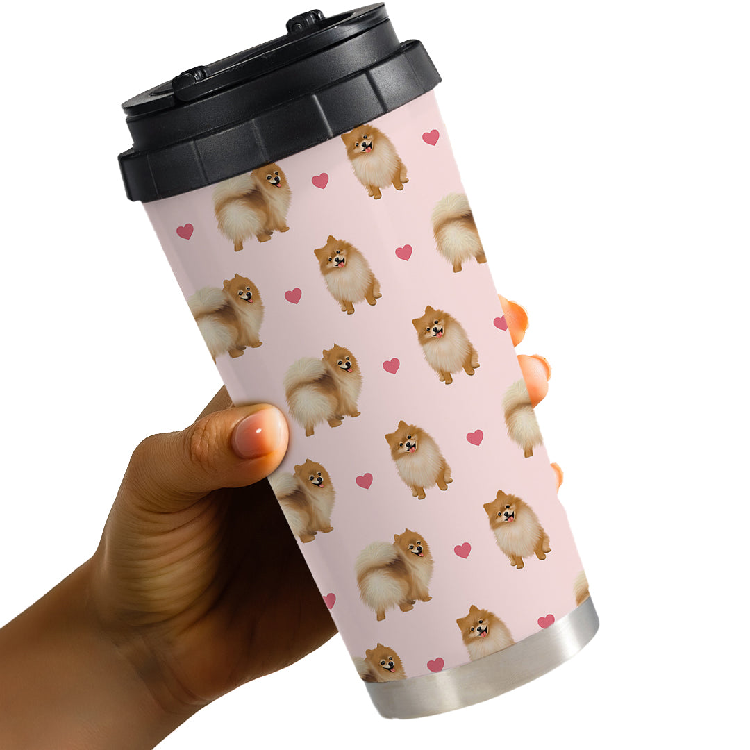 Pomeranian and Hearts Pattern Travel Mug