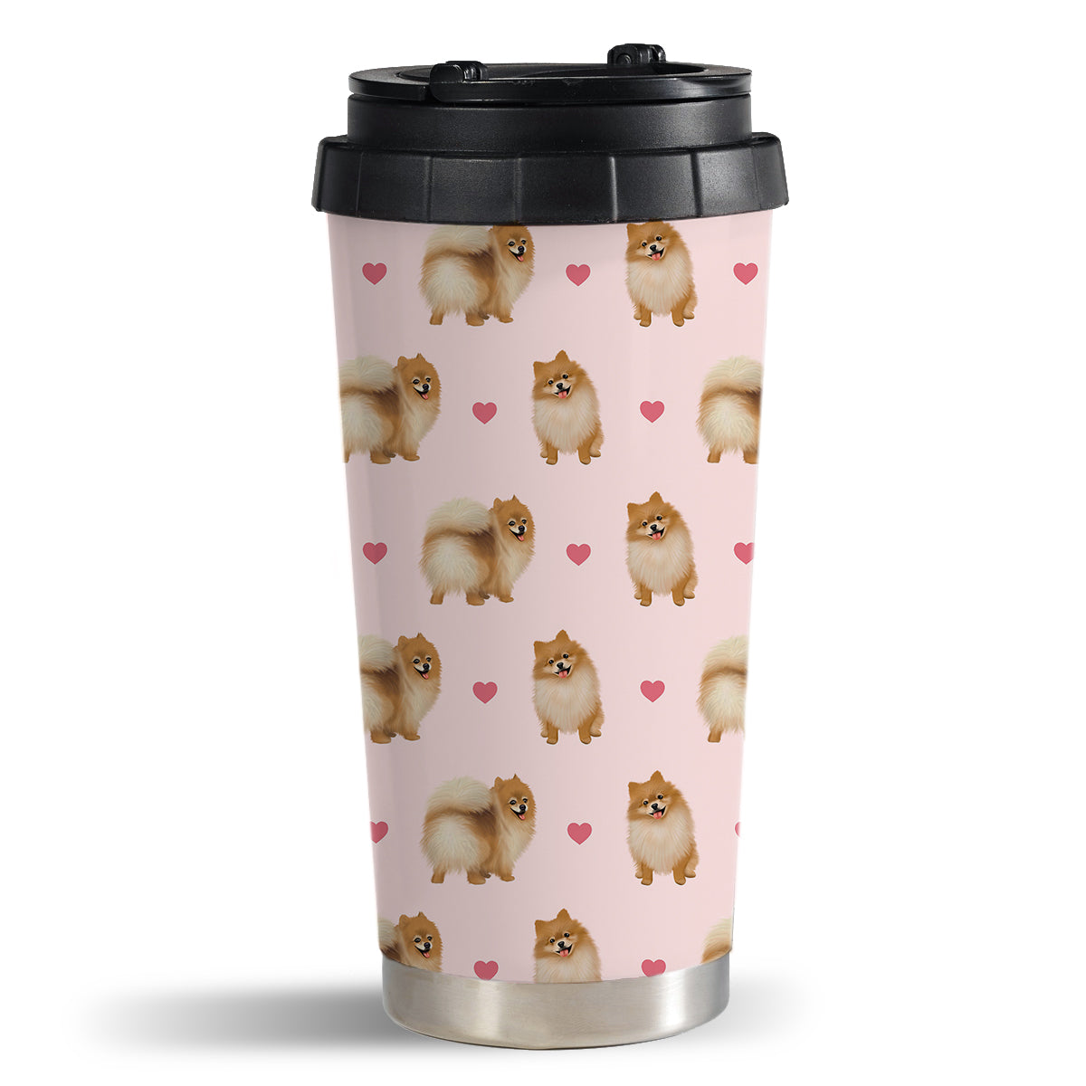 Pomeranian and Hearts Pattern Travel Mug
