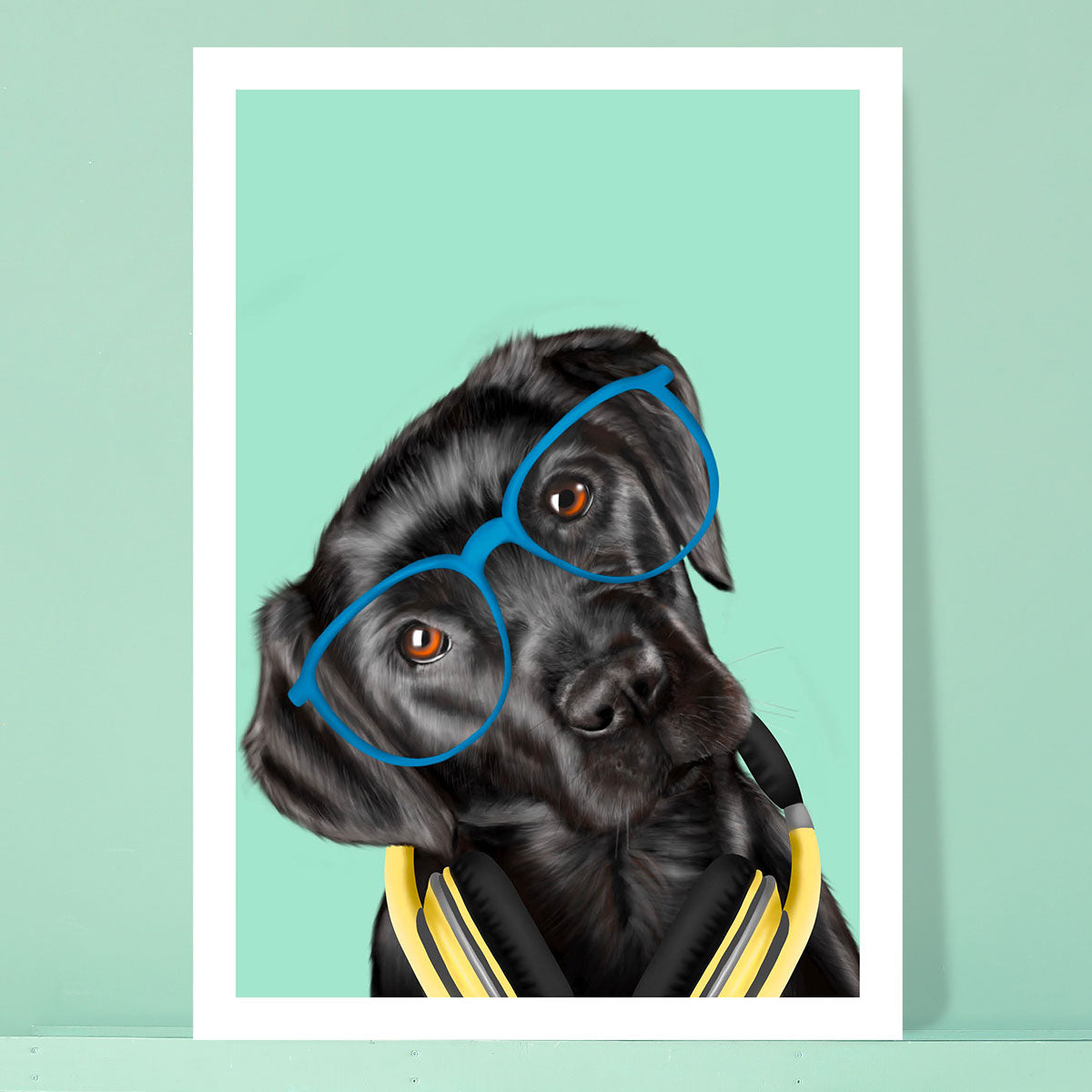 Black Labrador in Glasses and Headphones Card