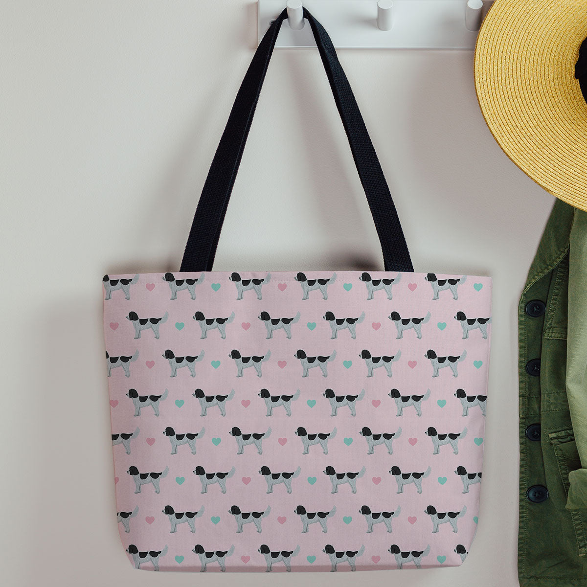 Black and White Cockapoos and Hearts Pattern Canvas Tote Bag