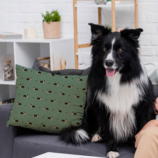Border Collie and Hearts Patterned Cushion