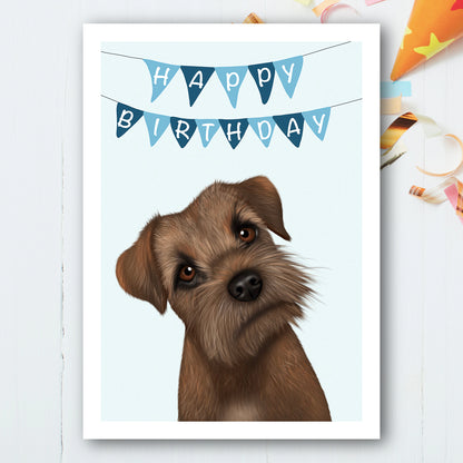 Border Terrier birthday card - blue