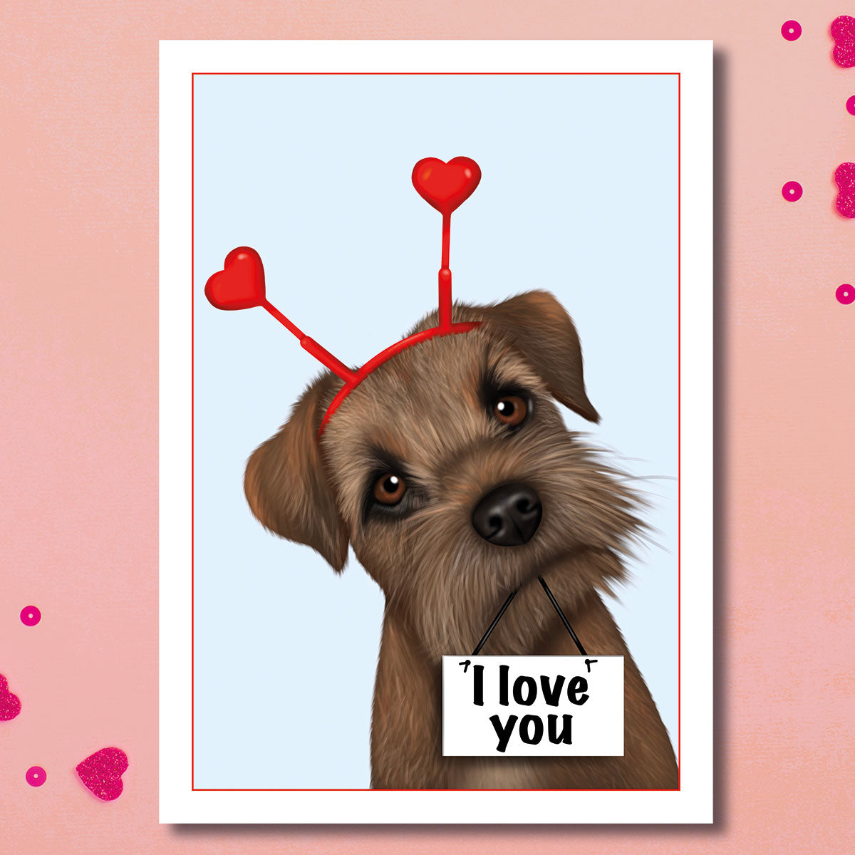 Adorable illustrated Border Terrier holding "I Love You" sign.