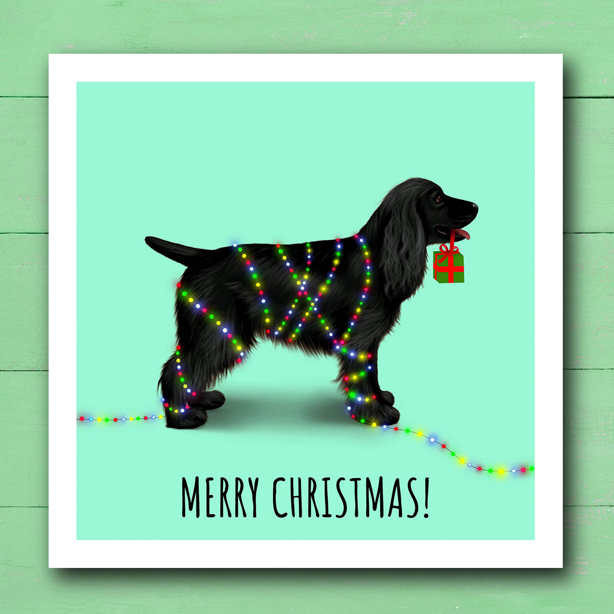 Black Cocker Spaniel with Christmas Lights