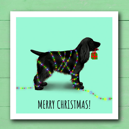 Black Cocker Spaniel with Christmas Lights