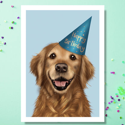 Happy Golden Retriever wearing Blue Happy Birthday hat. Illustration by Kitty's Art.