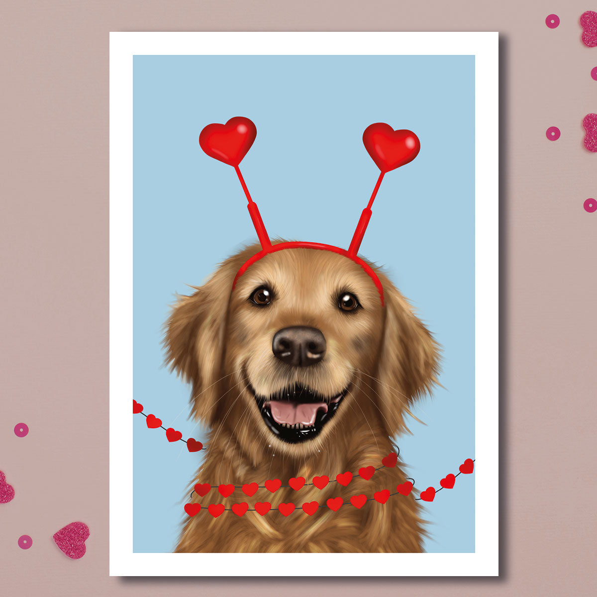 Golden Retriever with Hearts Card