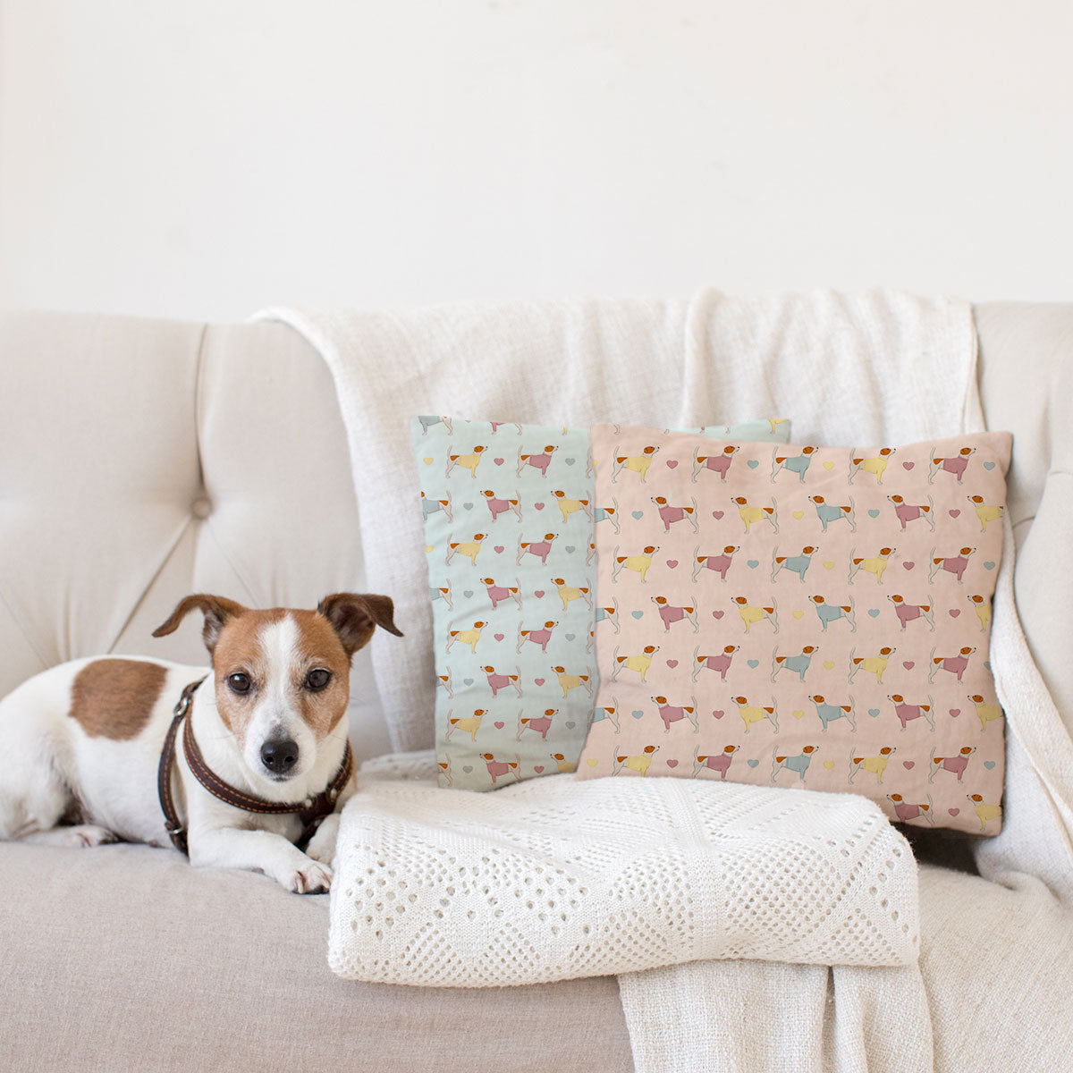 Jack Russell and Hearts Pattern Cushion