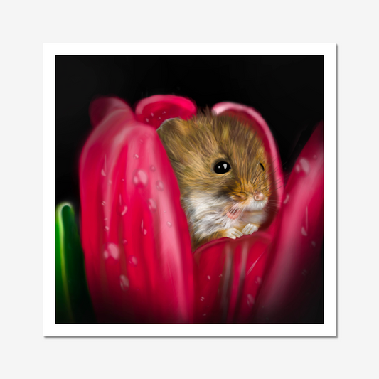 Painted tiny Harvest Mouse in a Tulip.